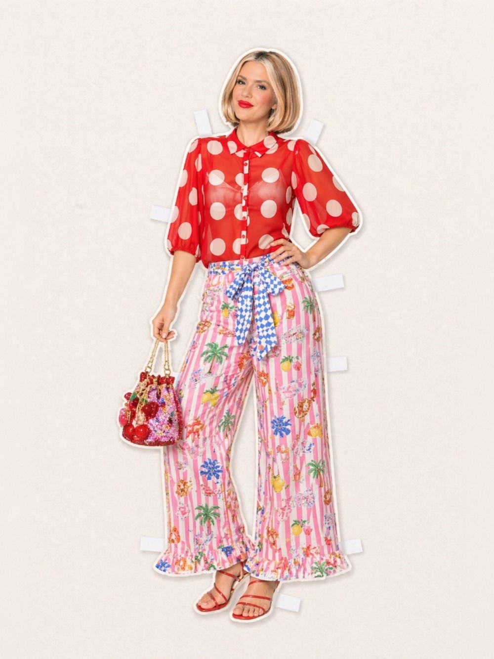 Vintage Polka Dot blouse, bat wing, button up, colorful, dopamine dressing, S